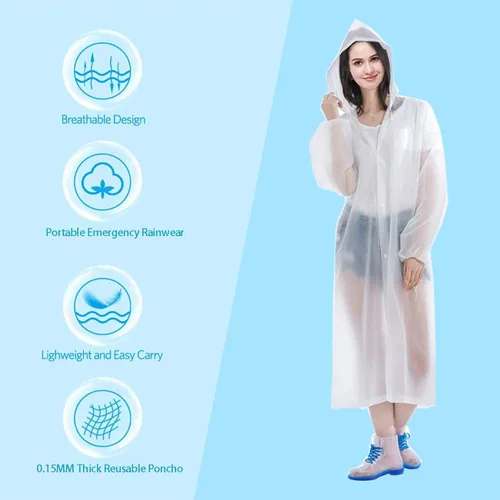 Vista 3 de HLKZONE Impermeable Paquete de 2 abrigos de lluvia portátiles de EVA reutilizables con capucha y mangas elásticas color blanco XL