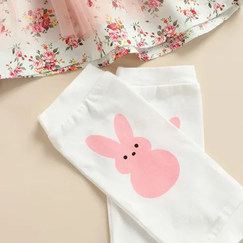 Vista 5 de Conjunto de vestido de Pascua para bebé y niña, diseño de conejito halter, de malla, calentadores de piernas