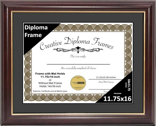 Vista 67 de Creative Picture Frames Marco para Diploma de Caoba con Borde Dorado de 12x16 pulgadas con Vidrio y Paspartú Negro y Colgadores de Pared Instalados