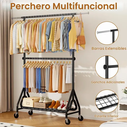 Vista 3 de Perchero de ropa con doble varilla, resistente para colgar ropa con carga de 560 libras, percheros de metal con ruedas, estantes para colgar ropa