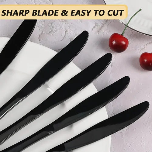 Vista 3 de Vababa 16 cuchillos de cena de acero inoxidable con acabado espejo, cuchillos de cena, color negro Mirror Finished, Premium Stainless Steel