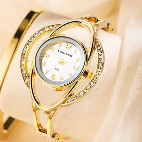 Vista 3 de CdyBox Reloj de pulsera de diamantes para mujer, elegante reloj de pulsera de cuarzo con hebilla abierta y correa de acero, Oro, Moderno