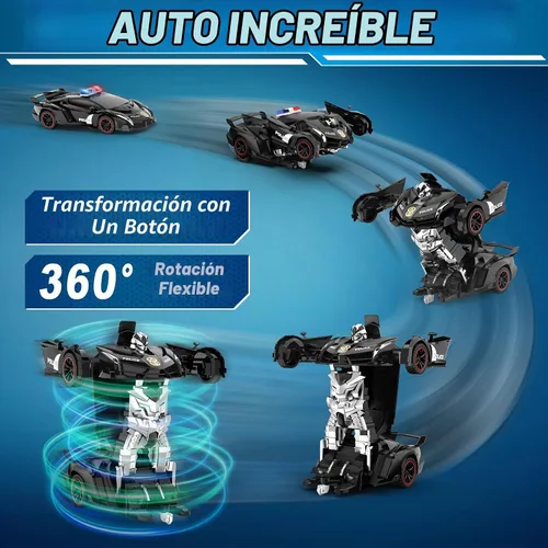 Vista 2 de FDJ - Auto a control remoto que se transforma en robot, transformación con un botón a robot con luz intermitente, juguete de policía para niños