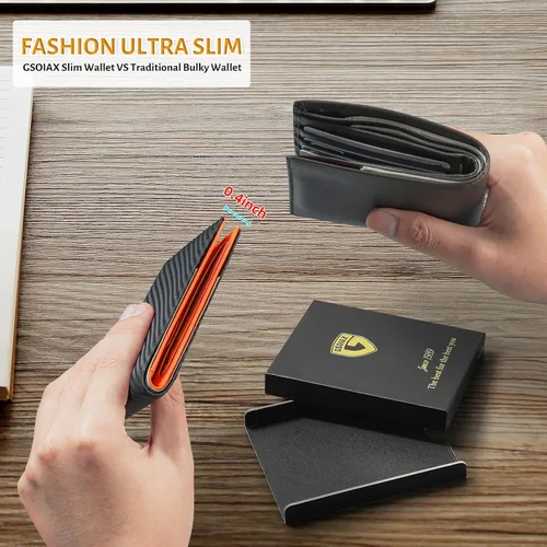 Vista 55 de GSOIAX Cartera delgada de cuero plegable RFID para hombre, billetera minimalista con bolsillo frontal con clip para dinero, 12 ranuras para Negro