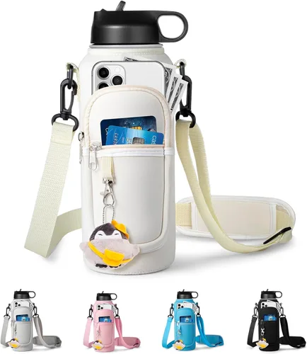 Vista 17 de RRegeny Soporte para botella de agua con correa para Hydroflask de 32 oz 40 onzas, bolsa de transporte con bolsillo para teléfono, funda para Negro