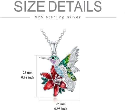 Vista 4 de PEIMKO Collar de colibrí esmaltado con dije de colibrí, collar de plata de ley, lindo collar de pájaro anímico con colgante de pájaro de flor