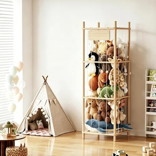 Vista 2 de Almacenamiento de animales de peluche, soporte de madera para juguetes de zoológico para habitaciones de niños, organizador de juguetes de ahorro