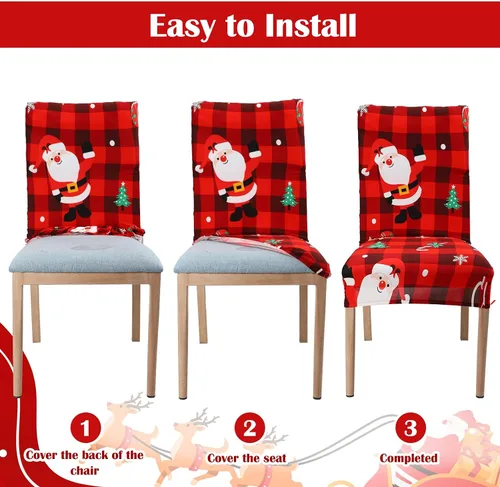 Vista 3 de Macarrie Juego de fundas elásticas para sillas de Navidad, fundas protectoras para sillas estampadas, lavables, elásticas, a cuadros rojos y negros