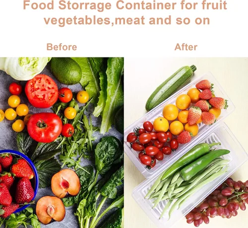 Vista 3 de Recipiente de almacenamiento de alimentos, recipientes de plástico para alimentos con placa de drenaje extraíble y tapa, contenedores