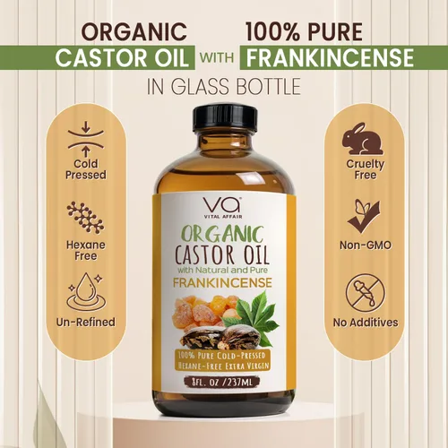 Vista 7 de VITAL AFFAIR Aceite orgánico de mezcla de ricino e incienso - 100% puro y natural, prensado en frío, sin refinar en botella de vidrio. Aceite