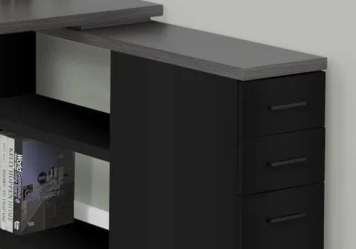 Vista 4 de Monarch Specialties Escritorio esquinero de estilo contemporáneo con estantes y cajones abiertos, 48 pulgadas de largo, parte superior negra y gris