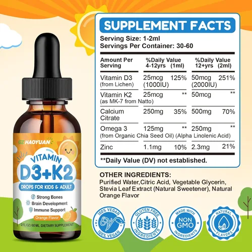 Vista 2 de Gotas de vitamina D3 K2 para niños, suplemento líquido con calcio, Omega 3, zinc, vitamina D3 K2 para absorción de calcio huesos saludables