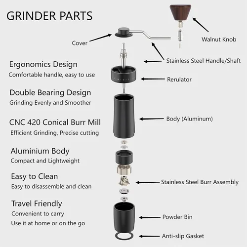 Vista 4 de Molinillo de café manual portátil, con rebabas cónicas de acero inoxidable CNC40, cuerpo de metal, Negro-F18SW1
