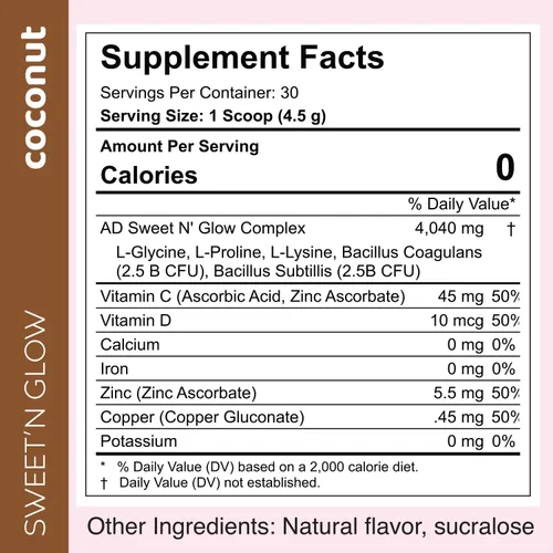 Vista 2 de Project Ad Sweet' N Glow Zero Calorie Sweet'Ner sin azúcar con agentes constructivos de colágeno (30 porciones, coco)