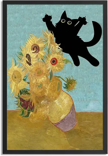 Vista 11 de Arte de pared divertido enmarcado de gato Monet Waterlily Cat Poster para habitación decoración estética, lindas imágenes de gato negro, impresiones