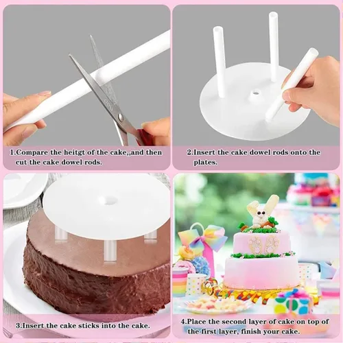 Vista 4 de Smiley - Juego de varillas de plástico para tartas, 12 varillas de plástico blanco para pasteles, 12 piezas apilables transparentes y 4 platos