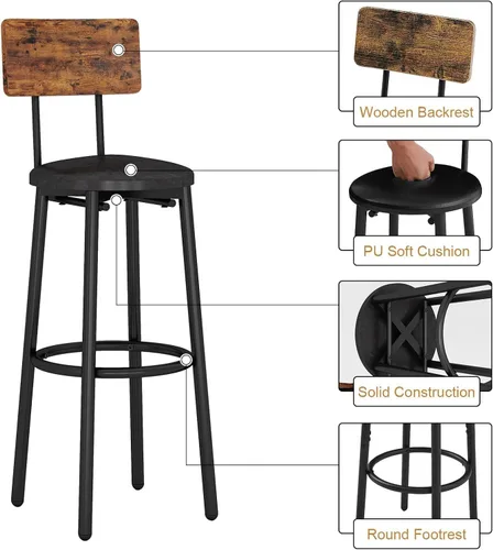 Vista 5 de Juego de mesa de comedor de 3 piezas para 2, pequeña mesa de cocina redonda con 2 sillas, mesa de bar de altura de mostrador con almacenamiento