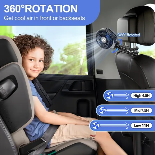 Vista 5 de WiHoo Ventilador portátil para cochecito, vida de batería ultralarga de 11H, 3 velocidades, rotación de 360°, ventilador personal enfriador con clip