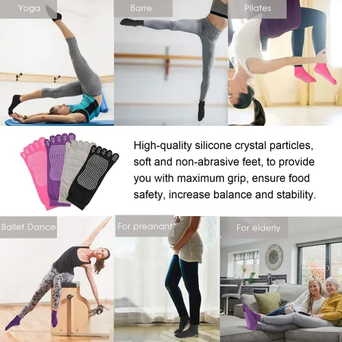 Vista 7 de CAFANDY Calcetines de yoga con empuñaduras para mujer, calcetines antideslizantes para pilates, barre, fitness, baile, 4 pares