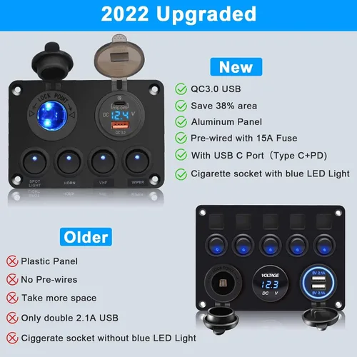 Vista 2 de Linkstyle Panel de interruptores de 12 V, puerto USB A de 18 W y puerto USB C de 45 W, enchufe para encendedor de cigarrillos con voltímetro digital