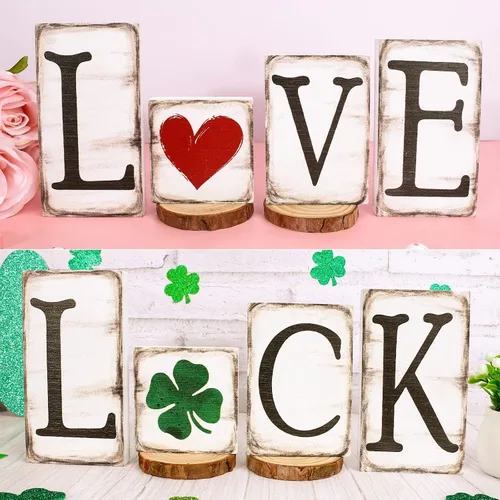 Vista 3 de Whaline 4 letreros de madera para el día de San Patricio, diseño rústico de trébol de la suerte del amor, centro de mesa con forma de corazón