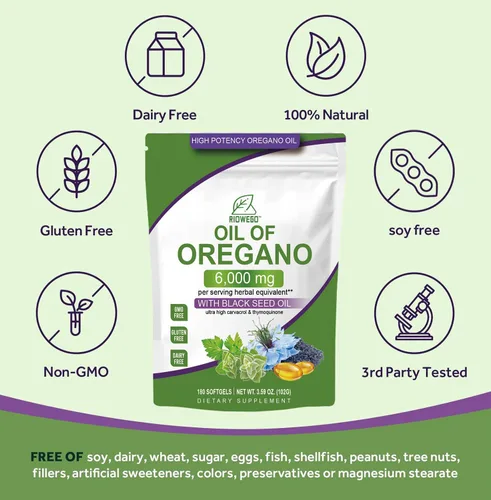 Vista 5 de Cápsulas blandas de aceite de orégano con aceite de semilla negra, cápsulas de aceite de orégano de alta potencia de 6000 mg para apoyo
