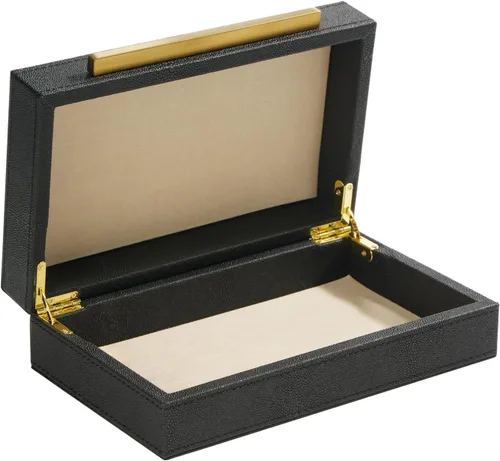 Vista 6 de Sagala Caja Decorativa Negra de Shagreen Con Mango Dorado, Caja Organizadora de Joyas Caja Guardadora, Caja de Almacenamiento de Cuero Sintético