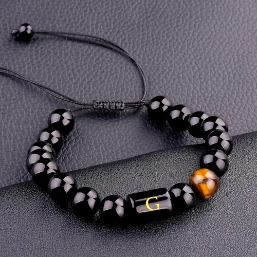 Vista 39 de SUMMER LOVE Regalos para el Día del Padre, pulsera con inicial de piedra de ónix negro de 0.394 pulgadas para hombres, pulsera de cuerda trenzada