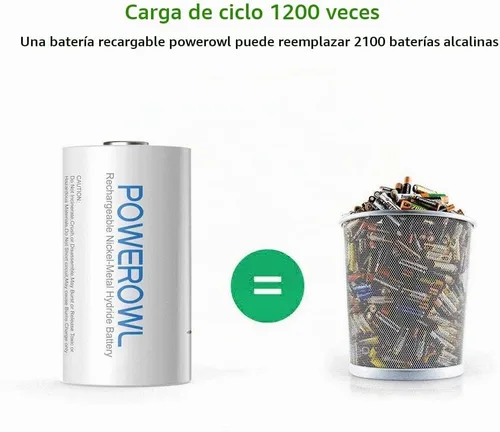 Vista 4 de POWEROWL Baterías recargables D de 10000 mAh de baja autodescarga, NiMH, precargadas, 4 unidades (Recharge Universal)