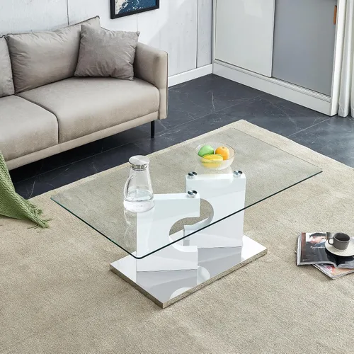 Vista 3 de TesNus Mesa de centro rectangular de cristal, mesa de centro moderna de vidrio templado transparente para sala de estar, base lineal blanca