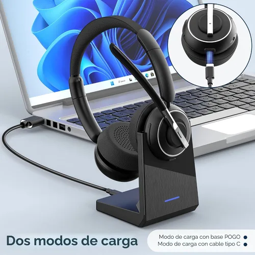 Vista 6 de (2025 Actualizado) Auriculares Inalámbricos con Micrófono para Trabajo, Auriculares Bluetooth con Micrófono de Cancelación de Ruido con Dongle, Base