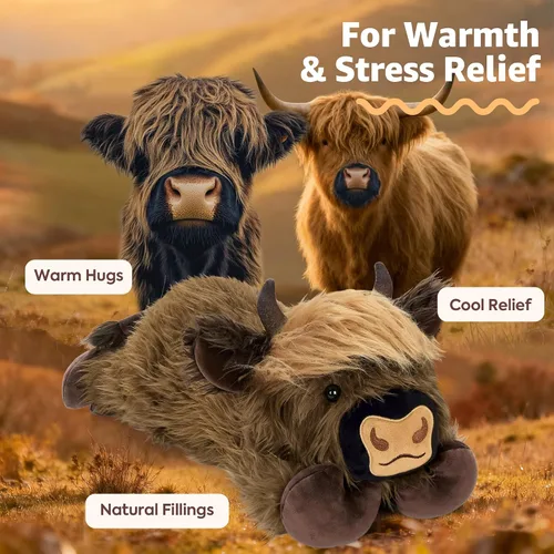 Vista 2 de Onsoyours - Animales de peluche originales de vaca de las tierras altas con peso de 3.35 libras, 20 pulgadas, grandes para microondas para aliviar