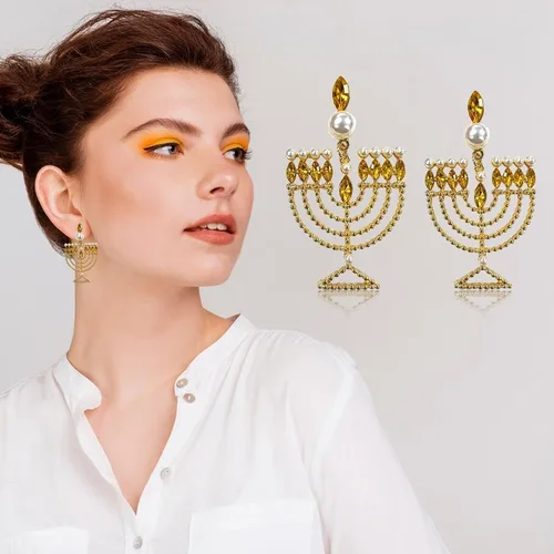 Vista 6 de ABTOLS Hanukkah Menorah Dreidel Earrings for Women Rhinestone Jewish Christmas Drop Dangle Earrings for Girls
