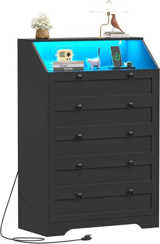 Vista 22 de Wodeer - Cómoda moderna, 6 cajones, negro, asas de metal, almacenamiento de clóset, organizador