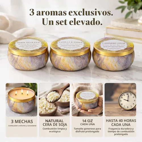 Vista 4 de YMing Juego de 3 velas de regalo de 3 mechas, 14 onzas cada una, velas perfumadas para el hogar, té blanco y salvia, vainilla y ámbar, cedro