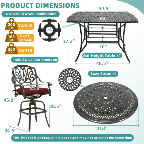Vista 2 de Juego de barra para exteriores de 10 piezas, muebles de bar de aluminio fundido para todo tipo de clima con 8 taburetes de bar giratorios Bronce