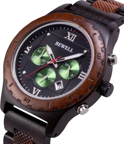 Vista 3 de BEWELL Relojes de madera para hombre cuarzo multifuncional cronógrafo fecha casual reloj de madera para hombre