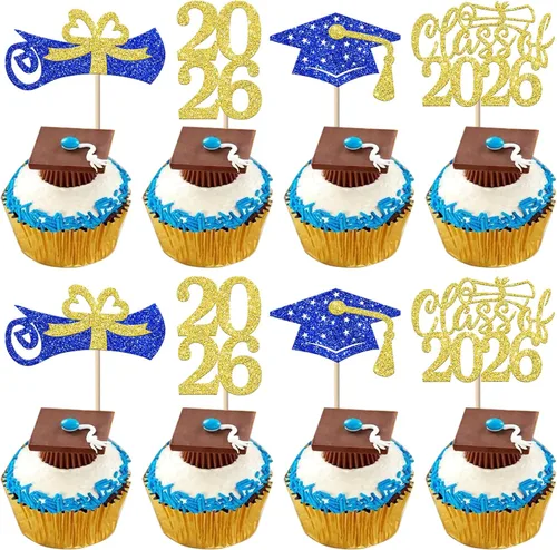 Vista 24 de Paquete de 24 adornos de graduación 3D 2024 para cupcakes 2024 con borlas doradas para fiestas temáticas de graduación 2024, suministros