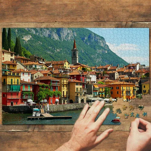 Vista 2 de Varenna Lake Como, Italia, rompecabezas de 1000 piezas, recuerdo de viaje de madera