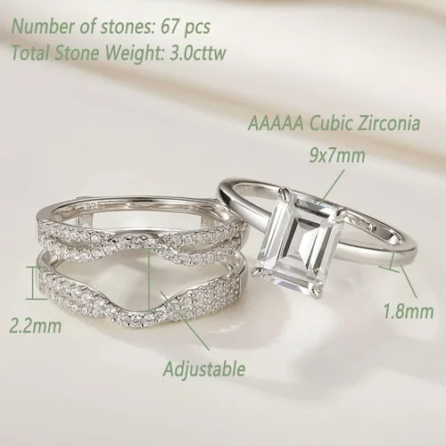 Vista 5 de Wuziwen Anillo de novia realzador de 2 quilates para anillos de compromiso para mujer, diseño de corazón de princesa, esmeralda ovalada, plata
