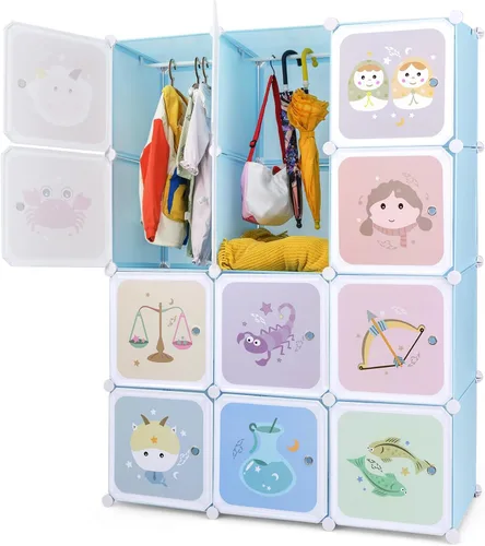 Vista 11 de INFANS Armario para niños, armario portátil para bebé, lindo para dormitorio de niños, armario de guardería con puertas, 12 cubos, 2 secciones
