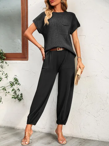Vista 6 de Conjunto de dos piezas para mujer, suéter de punto y pantalones de cintura alta
