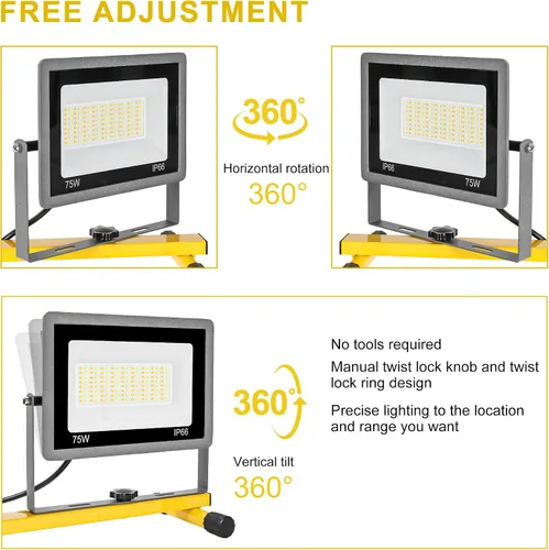 Vista 3 de Luces de trabajo de color 3 en 1 con soporte, luz de trabajo LED de cabeza de 22500 lm, con soporte de trípode ajustable y plegable, lámpara