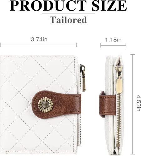 Vista 3 de FALAN MULE Billetera pequeña para mujer, plegable, con bloqueo RFID, portatarjetas de piel con bolsillo con cremallera para monedas Blanco/Marrón