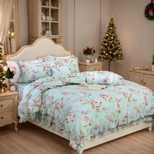 Vista 9 de FADFAY Juego de ropa de cama de algodón desgastado floral tamaño Queen 4 piezas en color azul claro con estampado de hortensias, estilo francés