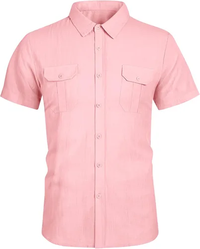 Vista 2 de Pengfei Mens Short Sleeve Shirts Linen Cotton Button Down Tees Spread Collar Plain Shirts A-Grey Large