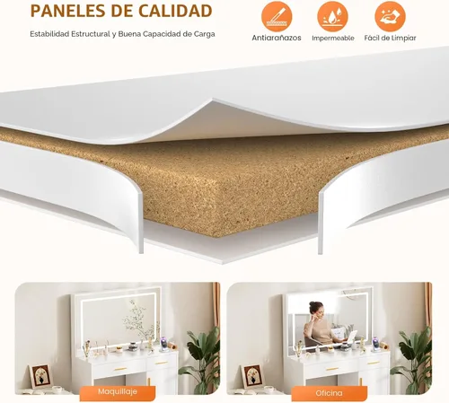 Vista 6 de Sweetcrispy - Escritorio de maquillaje, espejo LED, estación de carga