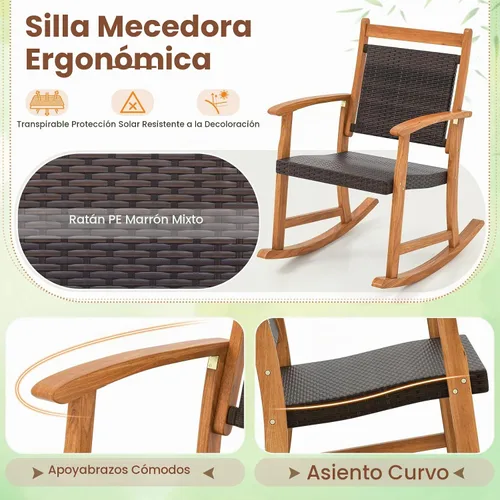 Vista 5 de Tangkula Juego de mecedoras de patio de 3 piezas con mesa auxiliar Castaño Rojizo