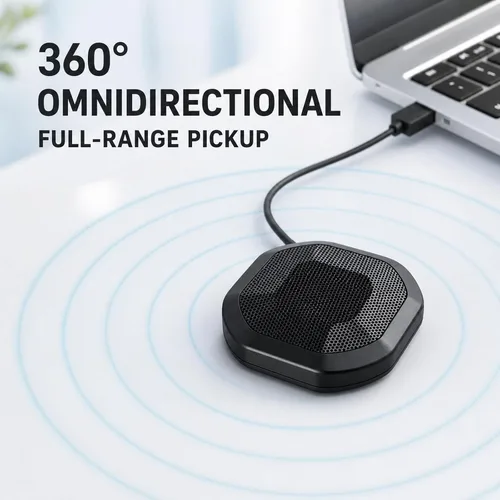 Vista 2 de Micrófono de computadora de 360° para escritorio, micrófono de PC de conferencia USB, tecnología de cancelación de ruido, grabación, Skype, clase