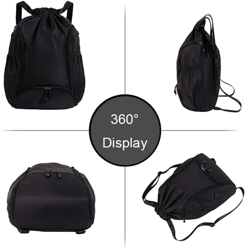 Vista 6 de Mochila deportiva con cordón, bolsa de gimnasio impermeable para mujeres y hombres, paquete de baloncesto con compartimento para zapatos, Negro